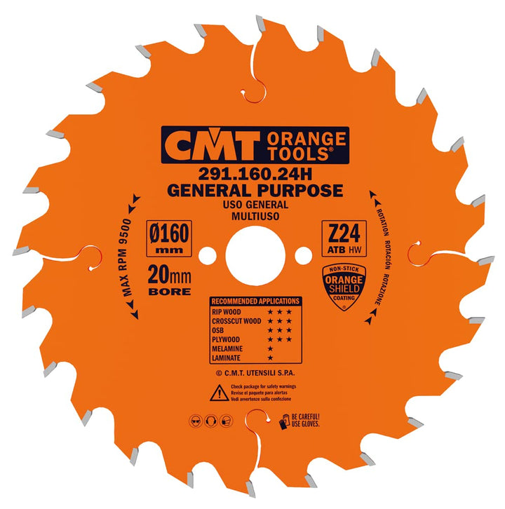 CMT Orange Tools Kreissägeblatt HW 160 x 2,5 / 1,6 x 20 Z=24 15° ATB - 291.160.24H - für Längs- und