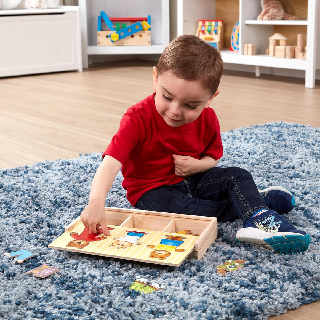 Melissa & Doug Mix 'n Match Holzpuzzle zum Ankleiden einer Bärenfamilie mit Aufbewahrungsbehälter (4