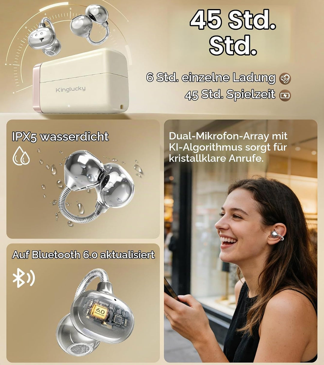 King Lucky Open-Ear Clip-On-Ohrhörer zum Laufen, Bluetooth 6.0 Kabellose Kopfhörer mit Speicherfeder