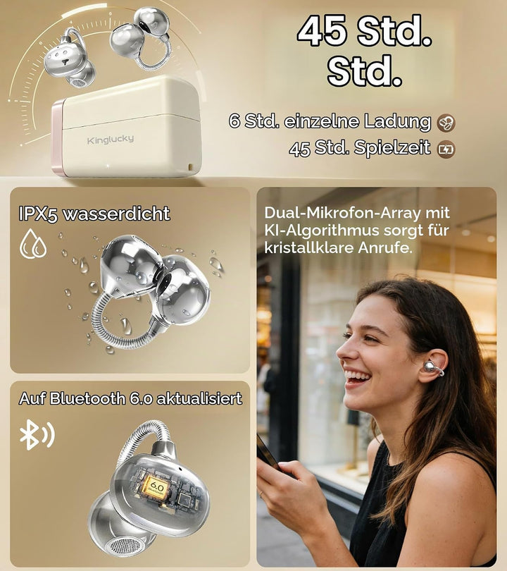 King Lucky Open-Ear Clip-On-Ohrhörer zum Laufen, Bluetooth 6.0 Kabellose Kopfhörer mit Speicherfeder