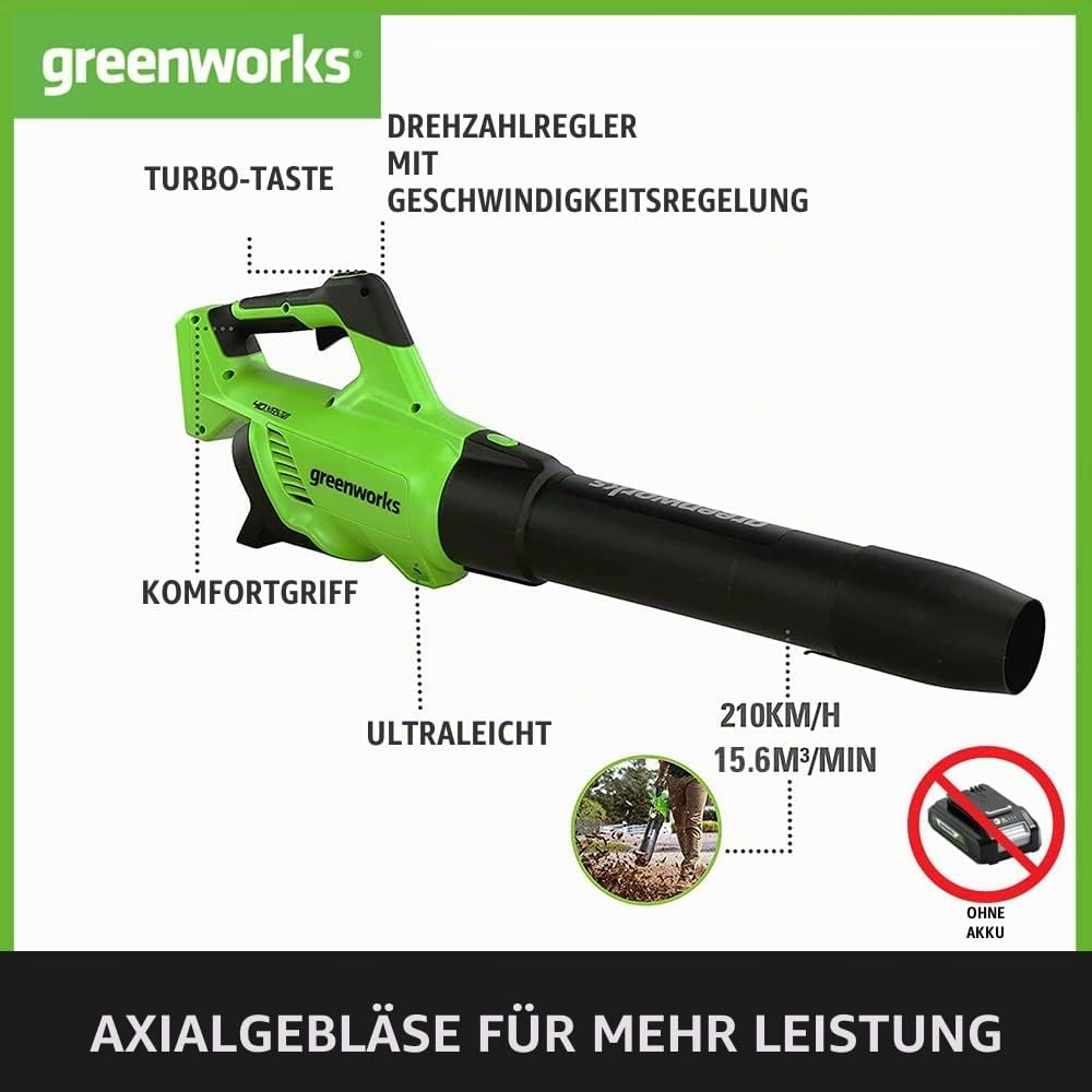 Greenworks GD40AB Akku Laubbläser mit Tempomat, bürstenloser Motor, 210 km/h, 15,6 m³/min, Turbofunk
