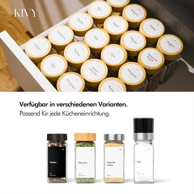 KIVY Gewürzgläser mit Streueinsatz [24x 120ml] + 240 Wasserfeste Label - Gewürzgläser eckig - Gewürz