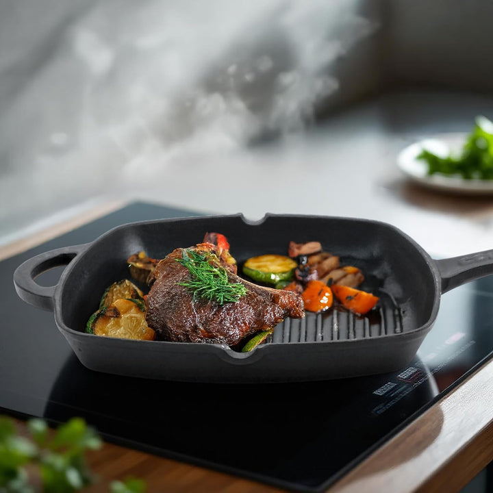 Spetebo Gusseisen Pfanne 26 cm - Gusspfanne mit Griff eckig - Grill Pfanne Bratpfanne Induktion Serv