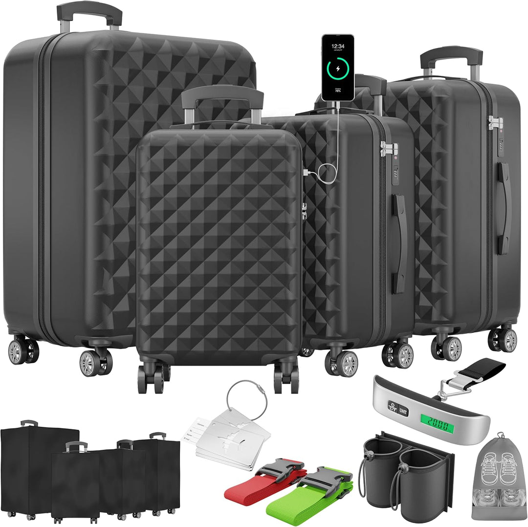 Onbest Premium Kofferset 4-TLG. – Hartschalenkoffer mit TSA-Lock, USB-Anschluss – 1x Kofferwaage, 2X
