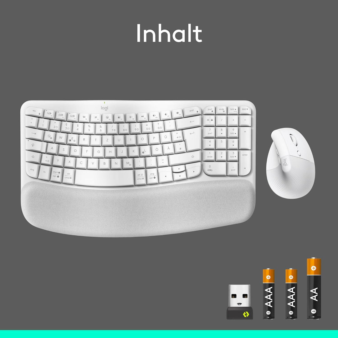 Logitech Wave Keys und Lift vertikale Maus – Ergonomisches Bundle – kabellose Tastatur mit gepolster