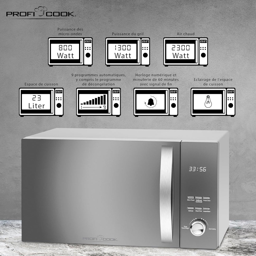 ProfiCook PC-MWG 1176 H, 3 in 1 Mikrowelle mit Heissluft und Grill, 23 Liter Garraum, 2300 Watt Heis