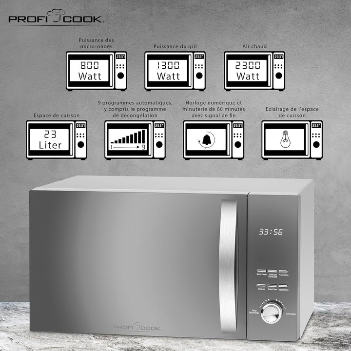 ProfiCook PC-MWG 1176 H, 3 in 1 Mikrowelle mit Heissluft und Grill, 23 Liter Garraum, 2300 Watt Heis
