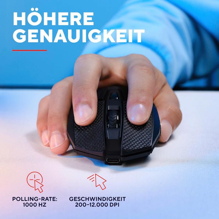 GXTrust 122 Felox+ Kabellose Gaming Maus Bluetooth + 2.4GHz mit Grip Pads, 12K DPI, 40 Stunden Akkul