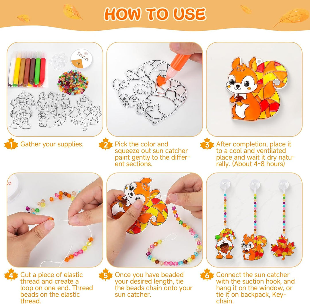 AHIKY Herbst Sonnenfänger Basteln Set, 24 Stück Herbstdeko Basteln für Kinder, Kürbis Igel Eule zum