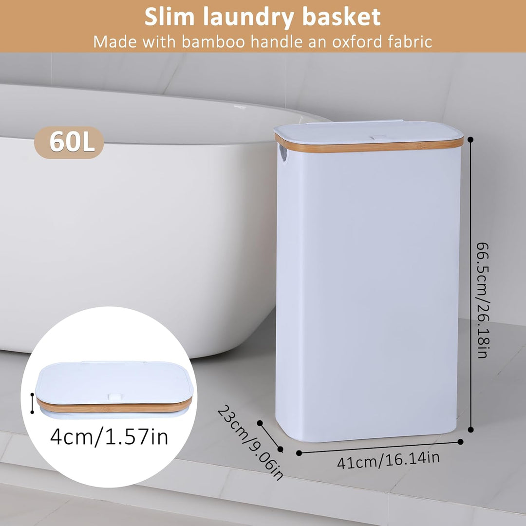 iEGrow Wäschekorb mit Deckel 60L, Schmal mit herausnehmbarer und waschbarer Innentasche, Bambus, fal