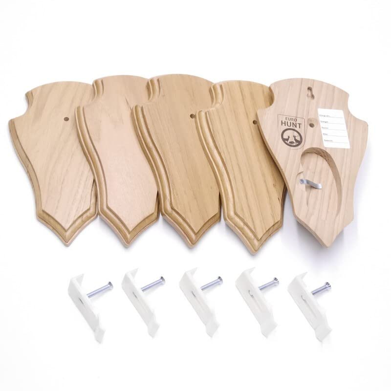 EUROHUNT 5 Stück REH Trophäenschilder Spitz gross in Eiche hell AF 21 cm x 13 cm mit 5 Stück Kunstst