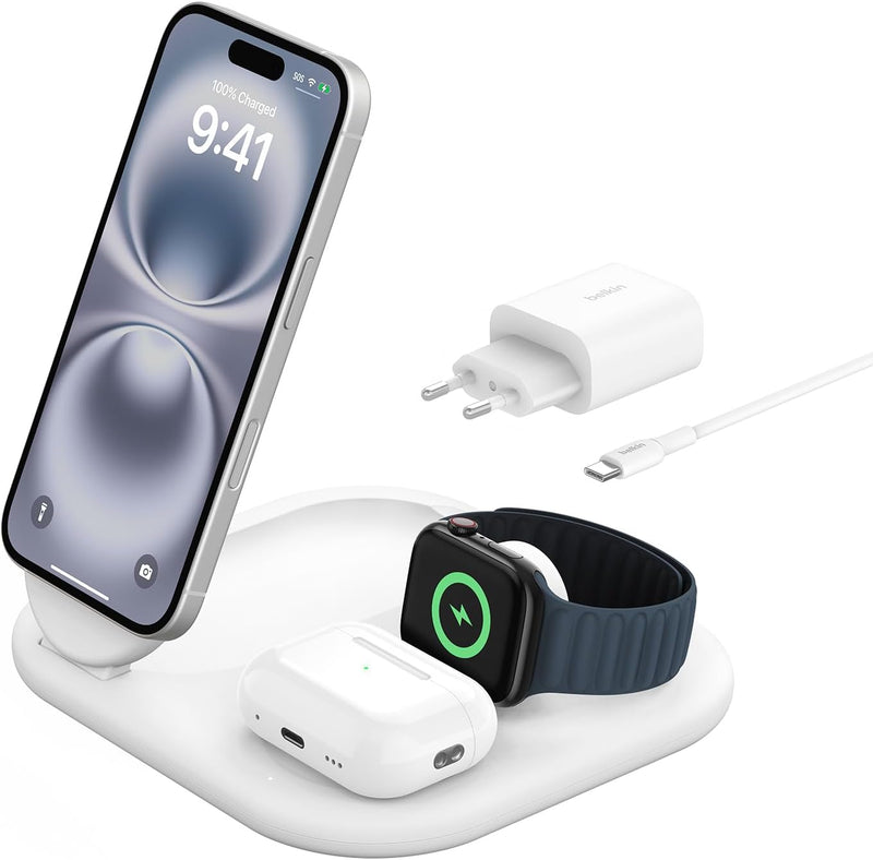 Belkin BoostCharge Ladegerät induktive 3-in-1 Ladestation Qi2, 15 W, klappbar MagSafe-kompatibles St