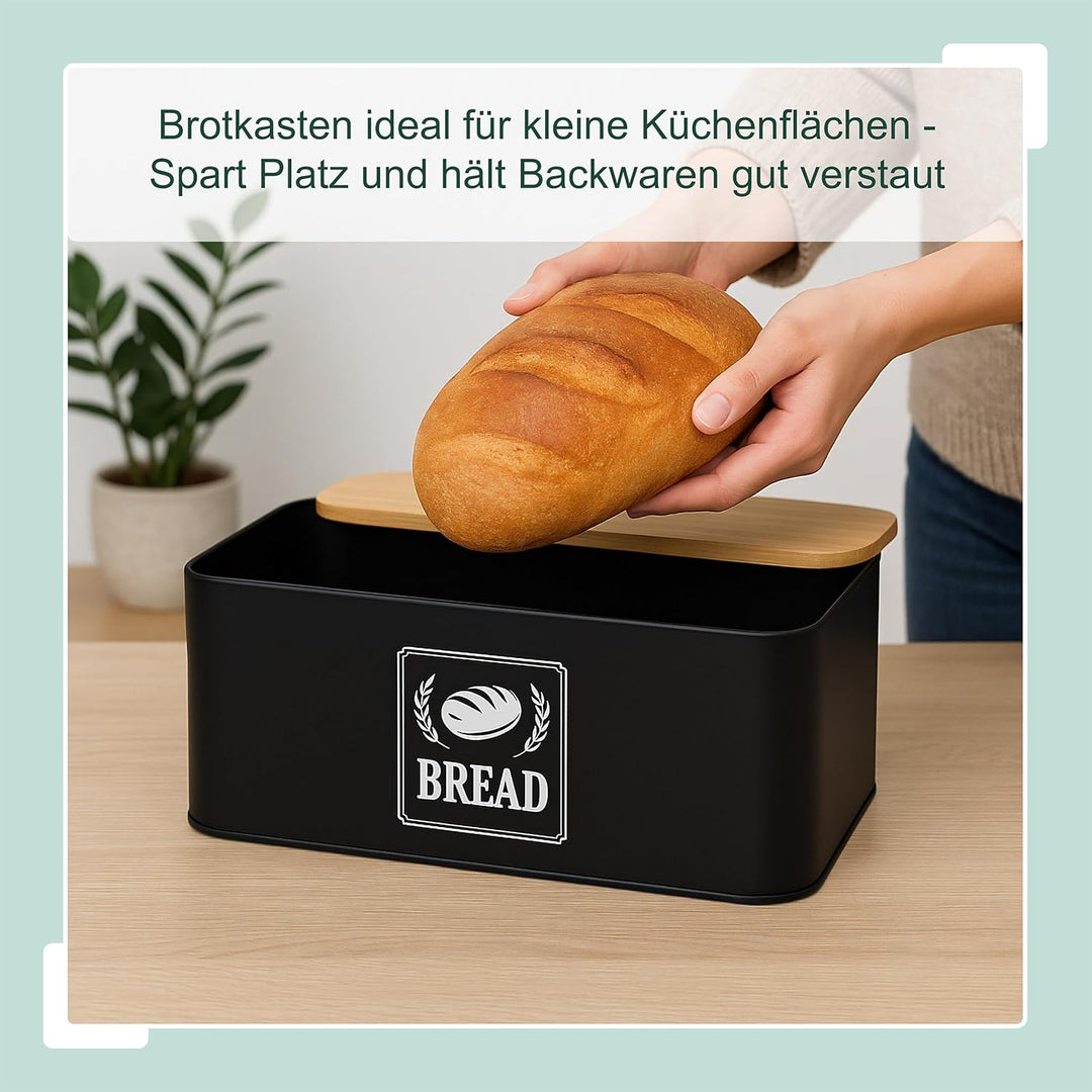 Relaxdays Brotkasten, Bambusdeckel, Metall, HxBxT: 13,5 x 33 x 19 cm, Retro Brotaufbewahrungsbox, Br