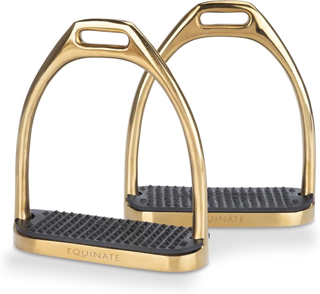Equinate Steigbügel Luna 10cm Gold - Mit Anti-Rutsch Trittfläche aus Gummi - Für Erwachsene und Kind