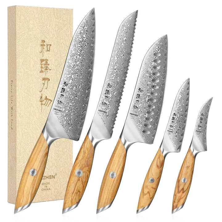 HEZHEN Damast Küchenmesser Set 5-Teilig, Professionelles Damaszener Stahl Kochmesser Set Santoku Mes