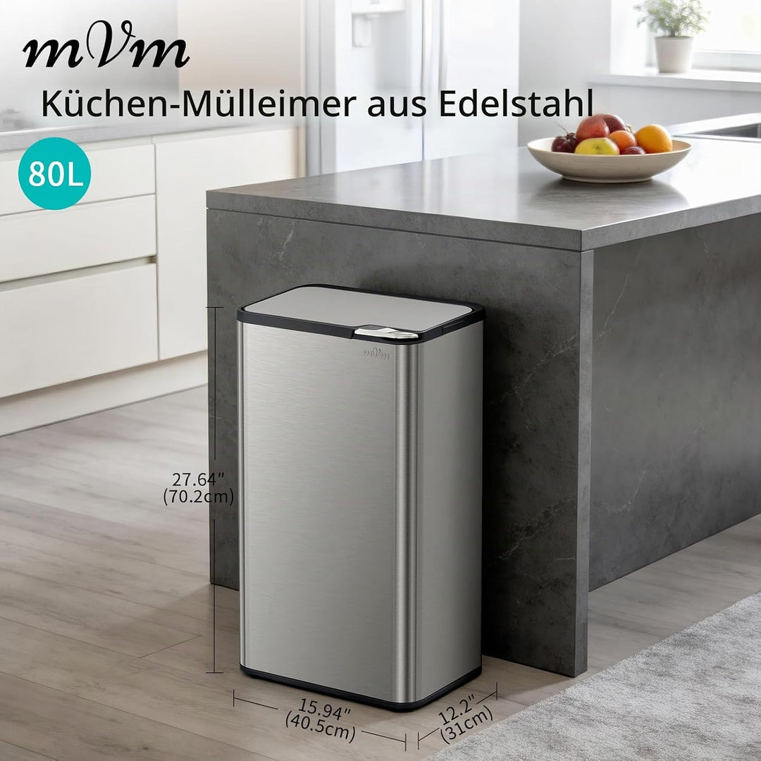 mVm Küchen &amp; Büromülleimer 80L, Edelstahl, Rechteckig, Mit Deckel &amp; Geruchsfilter, Sanftschliessend
