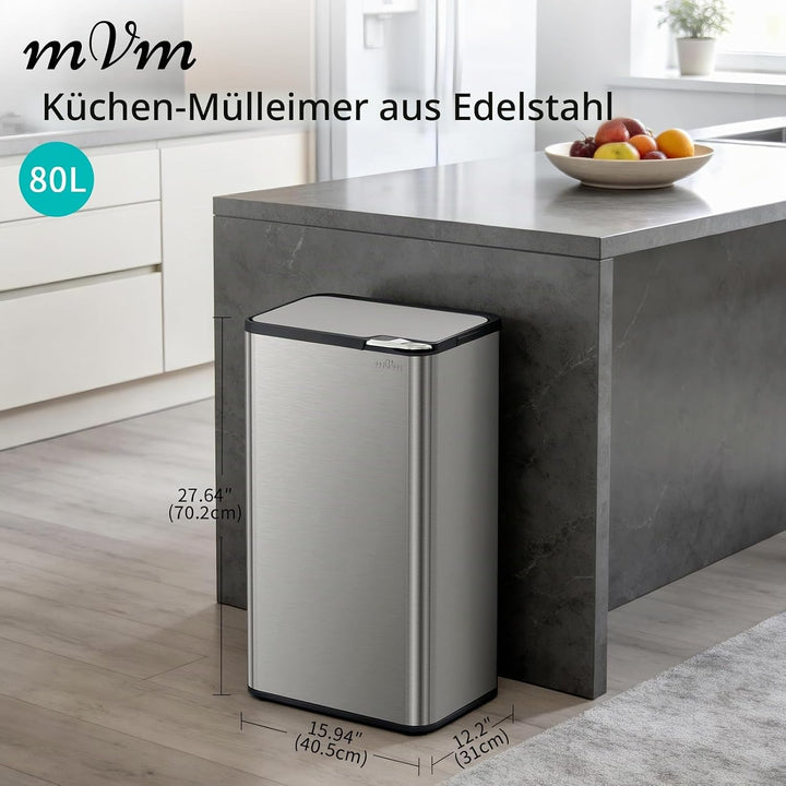 mVm Küchen &amp; Büromülleimer 80L, Edelstahl, Rechteckig, Mit Deckel &amp; Geruchsfilter, Sanftschliessend
