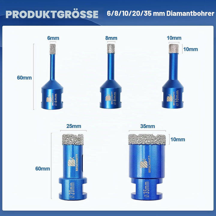 Diamantbohrer Fliesenbohrer Set -6 8 10 20 35mm Diamantbohrer für Porzellan Fliese Granit Marmor Tro