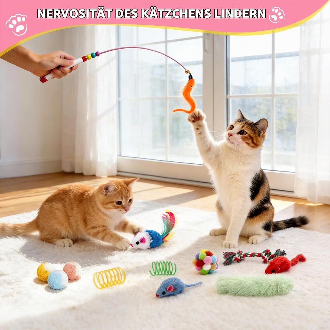 DoubleCare 41 Stück Interaktives Katzenspielzeug Set, Katzen Spielzeug mit Faltbarem Haustierbett au