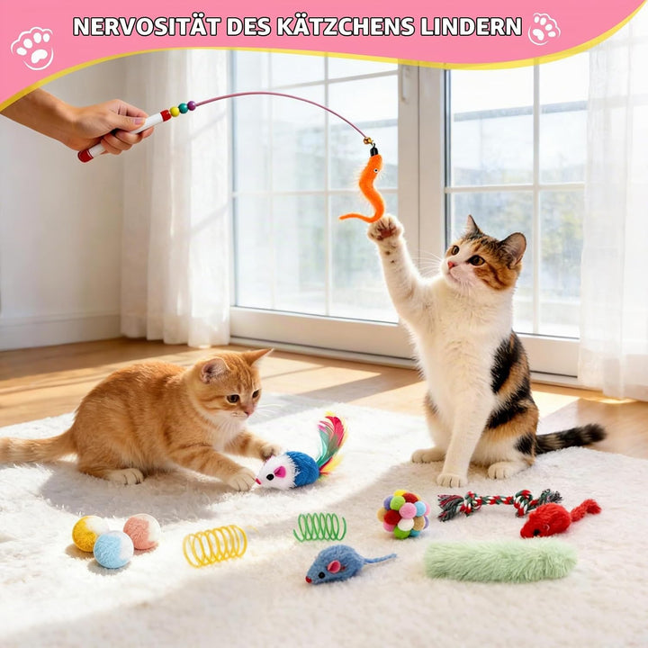 DoubleCare 41 Stück Interaktives Katzenspielzeug Set, Katzen Spielzeug mit Faltbarem Haustierbett au