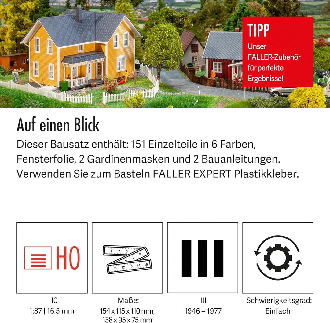 FALLER 2 Schwedenhäuser Modellbausatz mit 151 Einzelteilen 154 x 115 x 110 mm, 138 x 95 x 75 mm I Mo