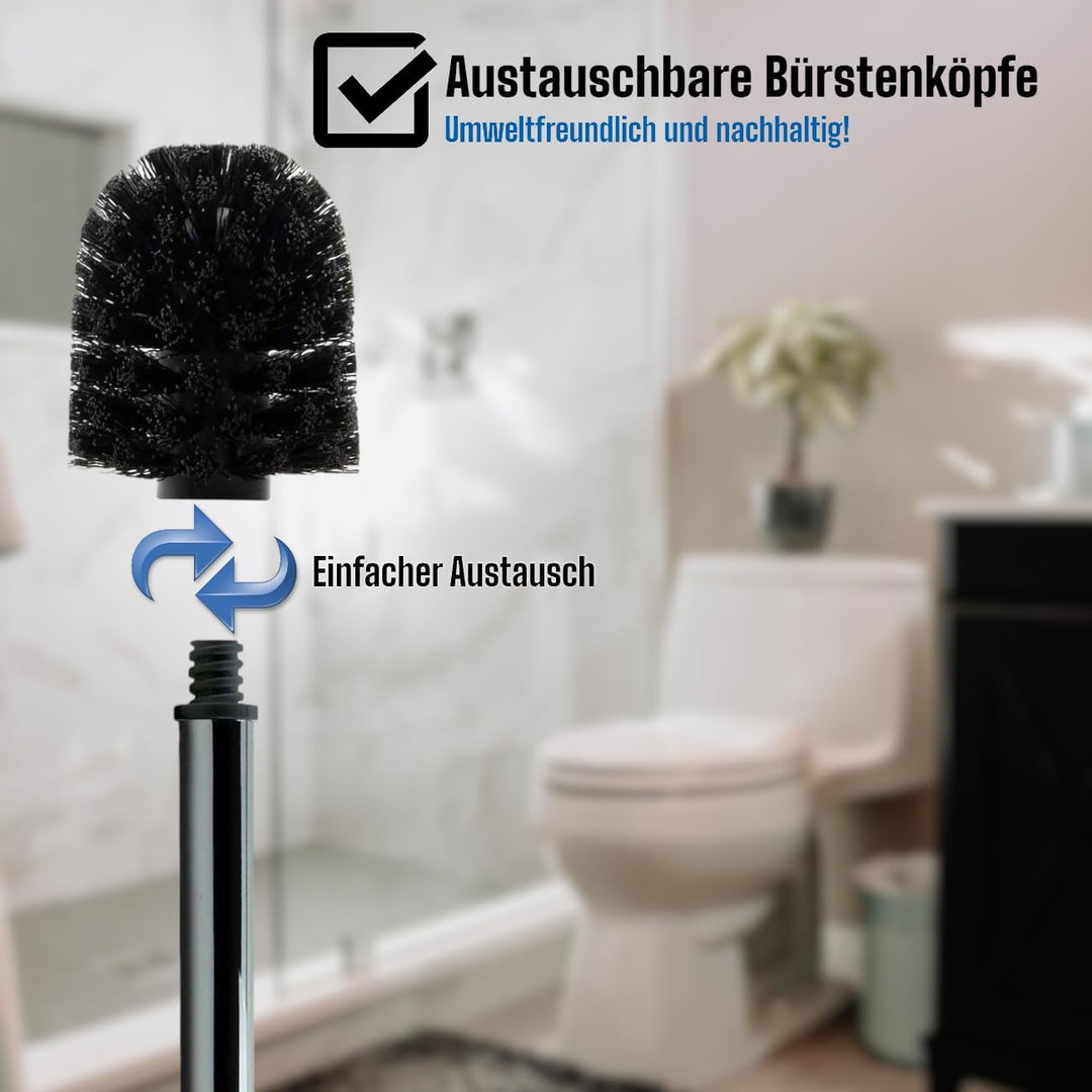 Daloual - 3 x Ersatz WC-Bürstenkopf Schwarz Ø ca. 8 cm + 1 x Edelstahl-Griff 26,5 cm - Toiletten-Bür