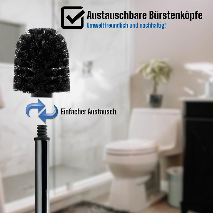 Daloual - 10 x Ersatz WC-Bürstenkopf Schwarz Ø ca. 8 cm + 2 x Edelstahl-Griff 26,5 cm - Toiletten-Bü