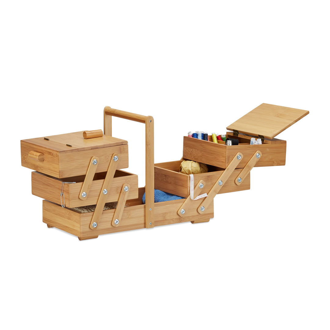 Relaxdays Nähkästchen Bambus XXL, viele Fächer, Nähkasten aufklappbar, Nähkorb ohne Inhalt, HBT 30 x