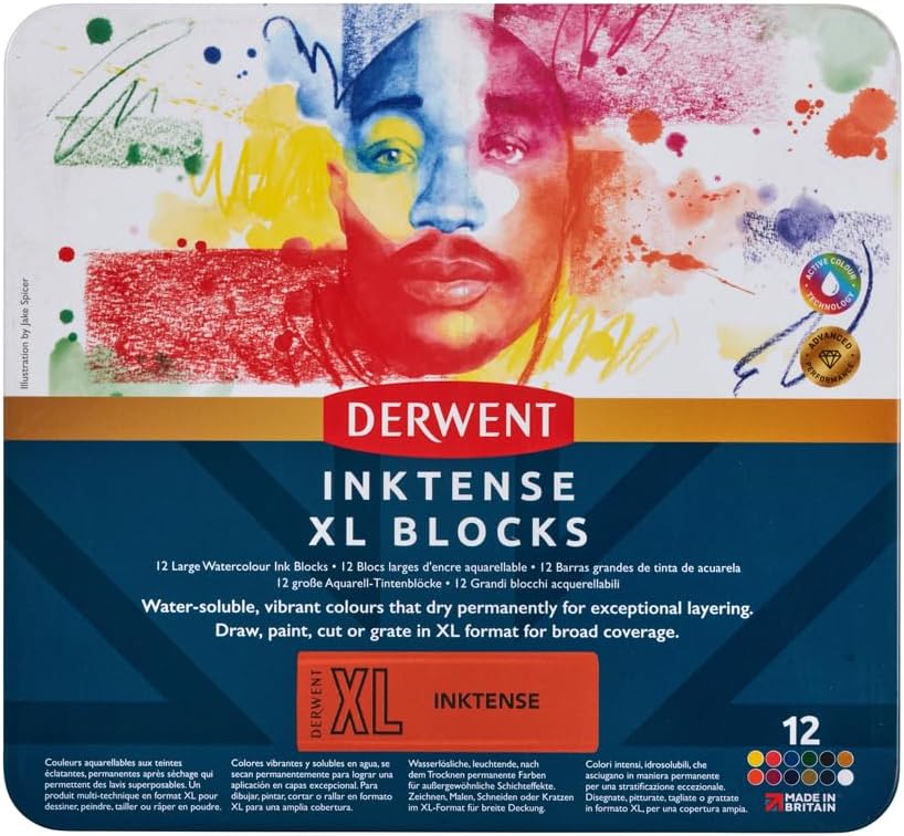 Derwent Inktense XL Farbblock, 12er-Set Malstifte, 60 mm, extrabreite Farbstifte, wasserlöslich, ide