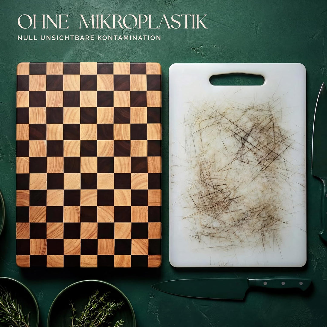 Deer & Oak Stirnholz Akazien Schneidebrett mit Schachmuster & lebensmittelechtem Öl Set – 45 x 31 x