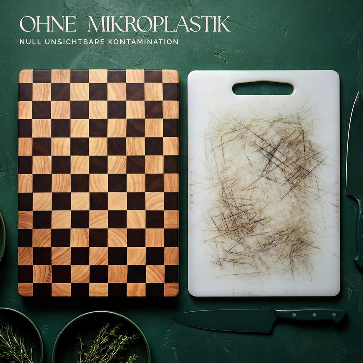Deer & Oak Stirnholz Akazien Schneidebrett mit Schachmuster & lebensmittelechtem Öl Set – 45 x 31 x