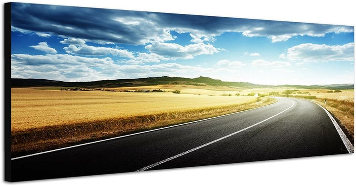 Paul Sinus Art Panoramabild auf Leinwand und Keilrahmen 120x40cm Toskana Landschaft Strasse Wolkenhi