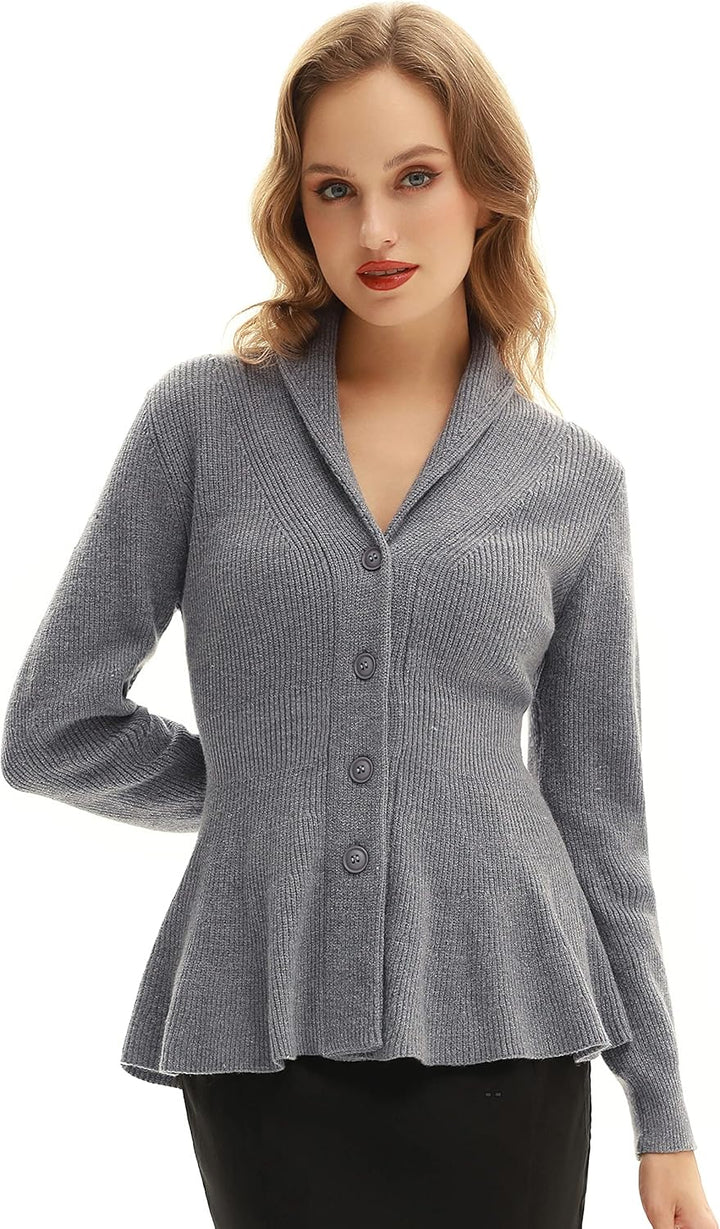 Belle Poque Damen Strickjacke Langarm Reverskragen Cardigan mit Rüschensaum Casual Strickmantel S Gr
