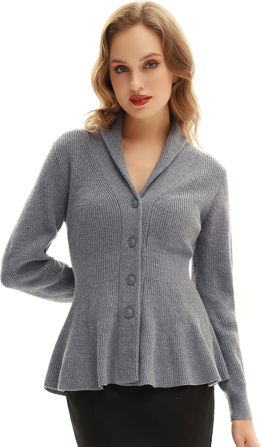 Belle Poque Damen Strickjacke Langarm Reverskragen Cardigan mit Rüschensaum Casual Strickmantel XL G
