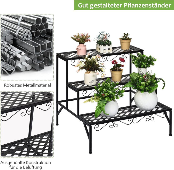 GOPLUS 3 Ebenen Metall Pflanzenständer, Blumentreppe Outdoor, Blumenregal Pflanzentreppe für Garten