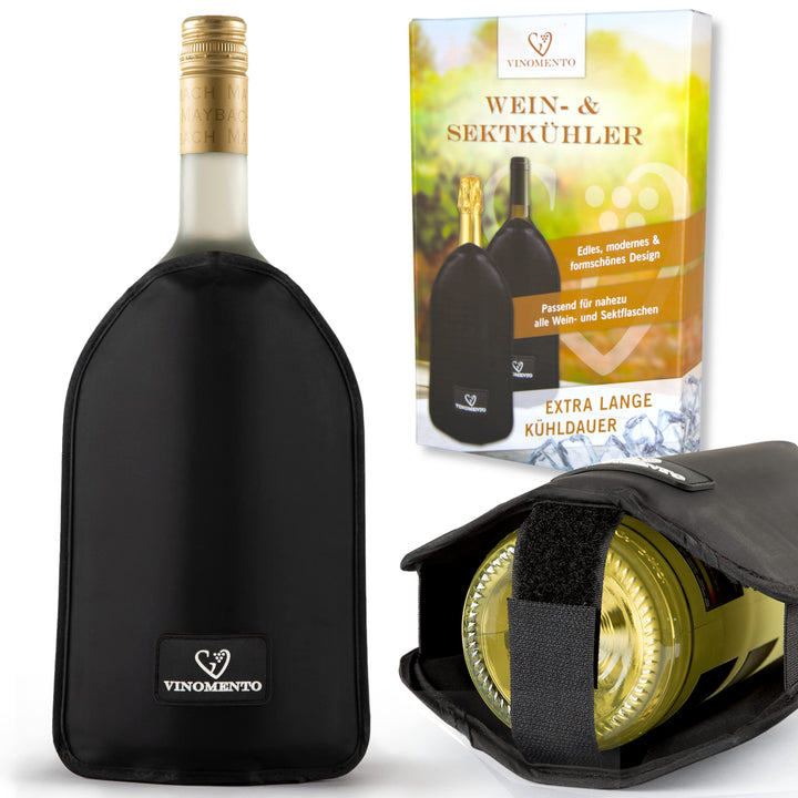 Kühlmanschette Wein mit Flaschensicherung, schwarze Flaschenkühler Manschette, Weinkühler Manschette