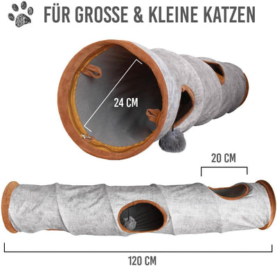 KaraLuna Premium Katzentunnel 120 x 24 cm I 3 Gucklöcher & Spielbälle I Katzen Spieltunnel Faltbar K