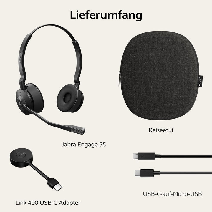 Jabra Engage 55 Schnurloses Stereo-Headset mit Link 400 USB-C DECT-Adapter - Mikrofon mit Geräuschun