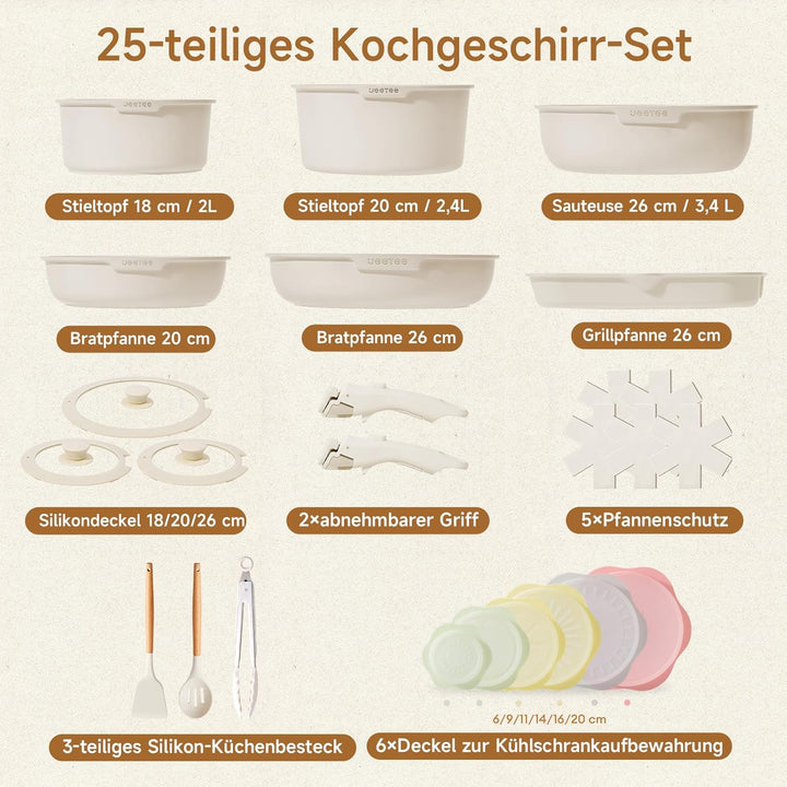 JEETEE Topfset Pfannenset mit abnehmbarem Griffen 25-Teilig, Pfanne 20/26cm, Kochtopf 18/20cm, Tiefe