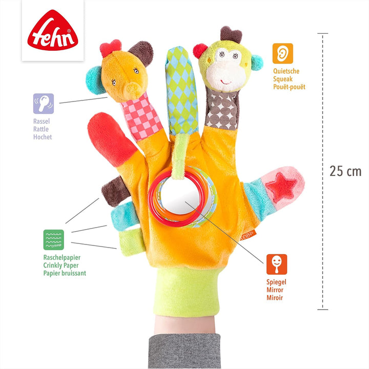 Fehn Spielhandschuh Safari – Fingerpuppen Baby Spielzeug Affe und Elefant zum Greifen und Geräusche