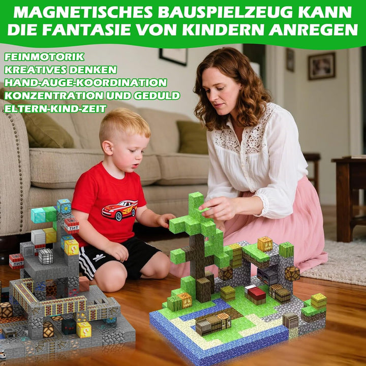 Lnxquizzic Magnetische Bausteine 120 Stück,2 Miner Figur,Zomblock Magnetblöcke für Kinder, Baue Mein