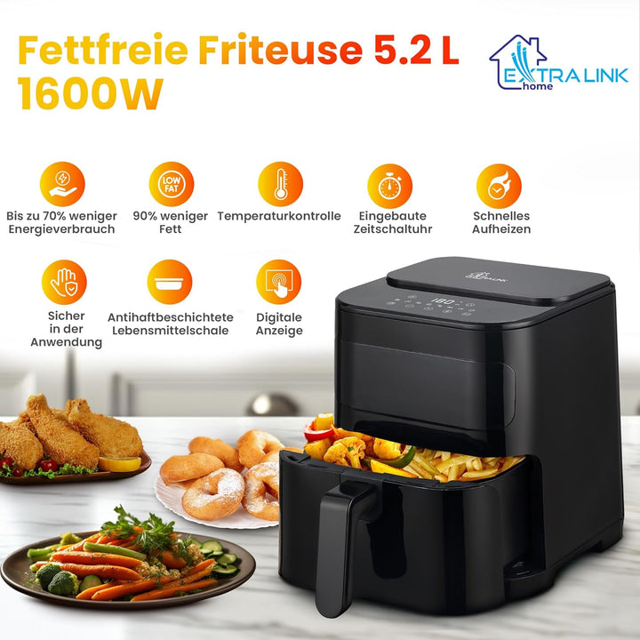 Extralink 1600W Airfryer 5.2L - Heissluftfritteuse mit 7 Kochfunktionen, Friteuse Heissluftfritteuse