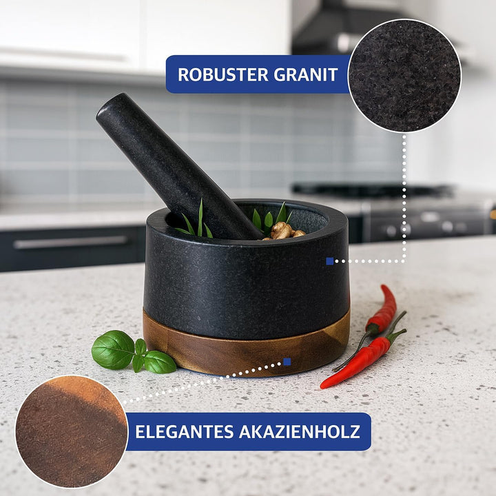 Rosenstein & Söhne Mörser Küche: Set mit Mörser und Stössel aus Granit und Holz, 14 cm (Gewürz-Zerkl