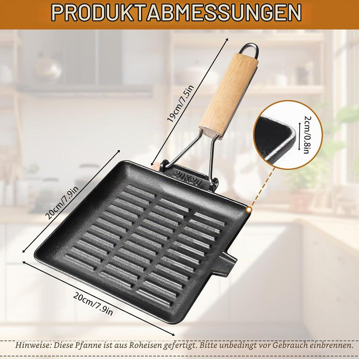 Steakpfanne Gusseisen 20x20cm, Grillpfanne Induktion mit Klappbarem Holzgriff, Viereckige Grillplatt