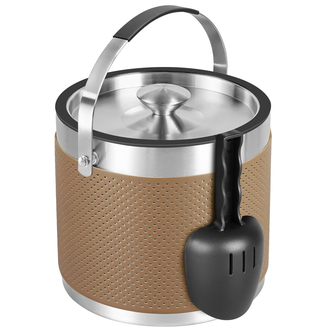 3.2L Eiswürfelbehälter mit Deckel und Schaufel, Upgrade Lederdesign Edelstahl Eiskübel, Doppelwandig