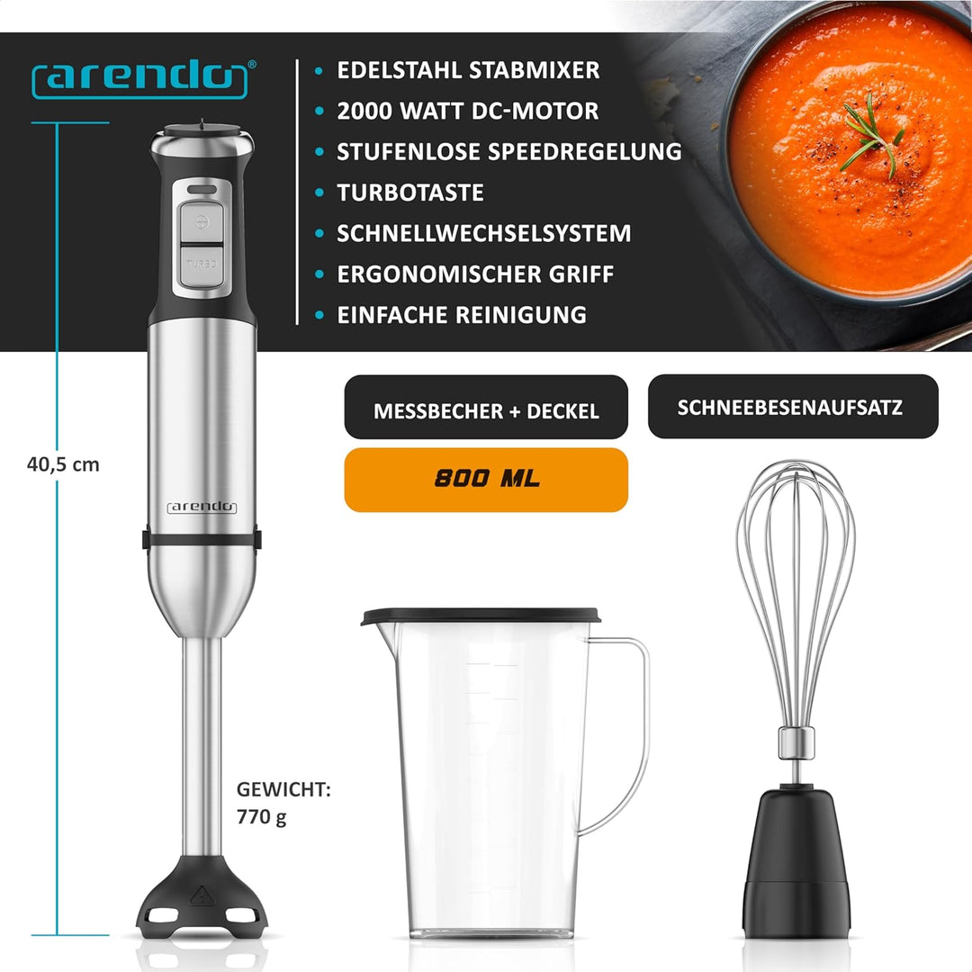 Arendo - Edelstahl Stabmixer 2000 Watt - Handmixer Set - Pürierstab - stufenlose Geschwindigkeit - T