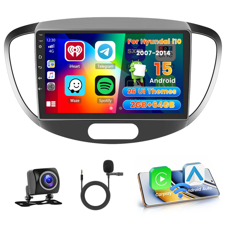 Hikity 2+64G Autoradio Navi Für Hyundai i10 2007-2013 mit Wireless Carplay Android Auto Mirror Link,