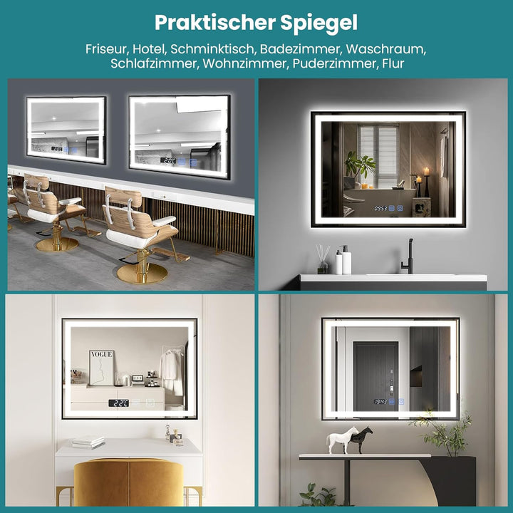 YU YUSING Badspiegel mit Beleuchtung 80x60cm Badezimmerspiegel mit Beschlagfrei 3 Lichtfarbe Dimmbar
