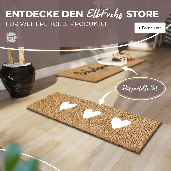 Kokos Fussmatte 75x25cm mit weissen Herzen I Extra langlebige & rutschfeste Kokosmatte I Für Innen &