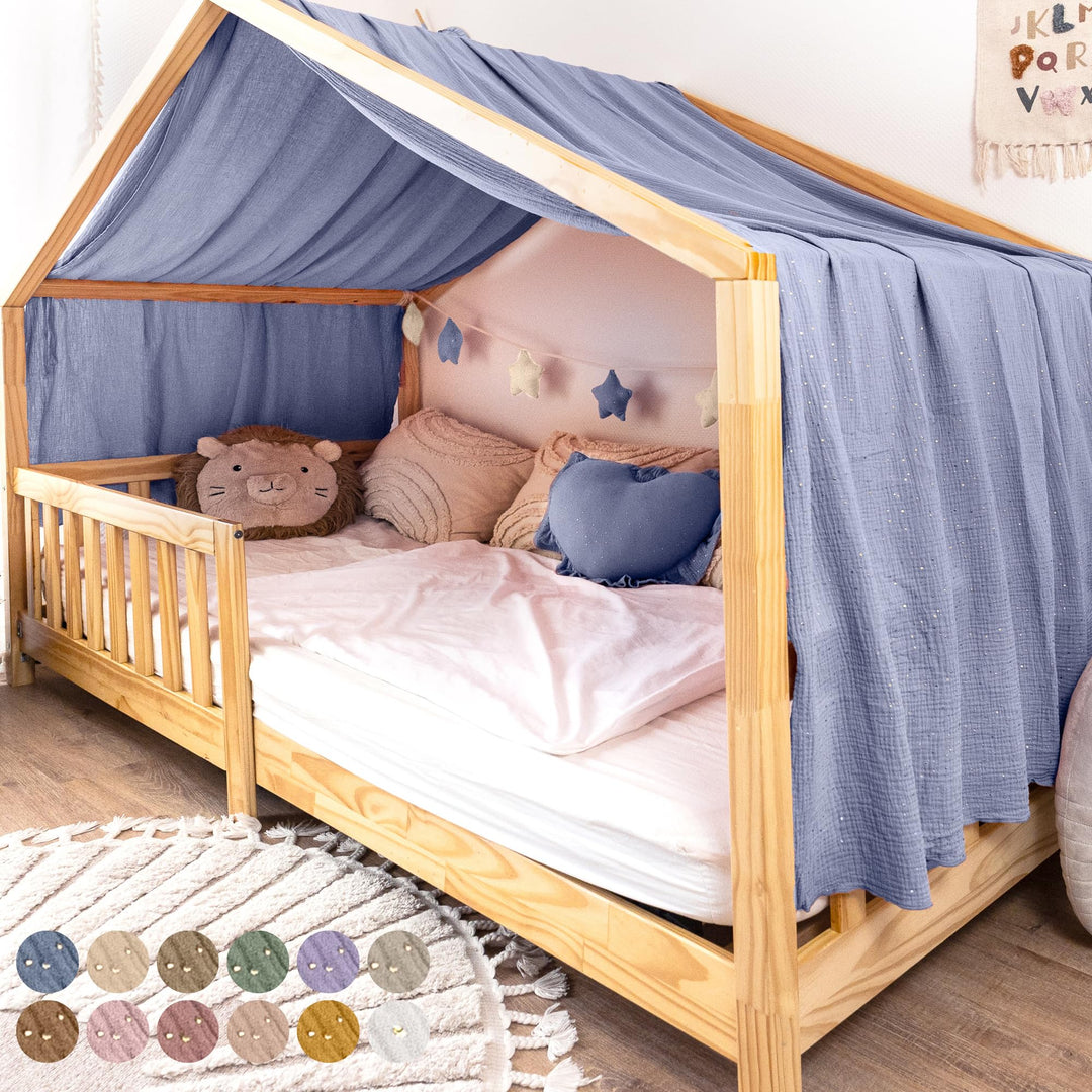 Hausbett Himmel mit Gold Applikation [in 12 Farben] Betthimmel Hausbett aus 100% Baumwolle Musselin